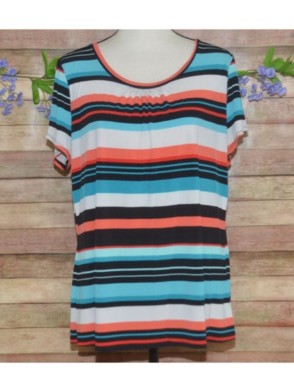 Worthington Womens XL Top Short Sleeve Striped Blue Coral Scoop Neck Casual
